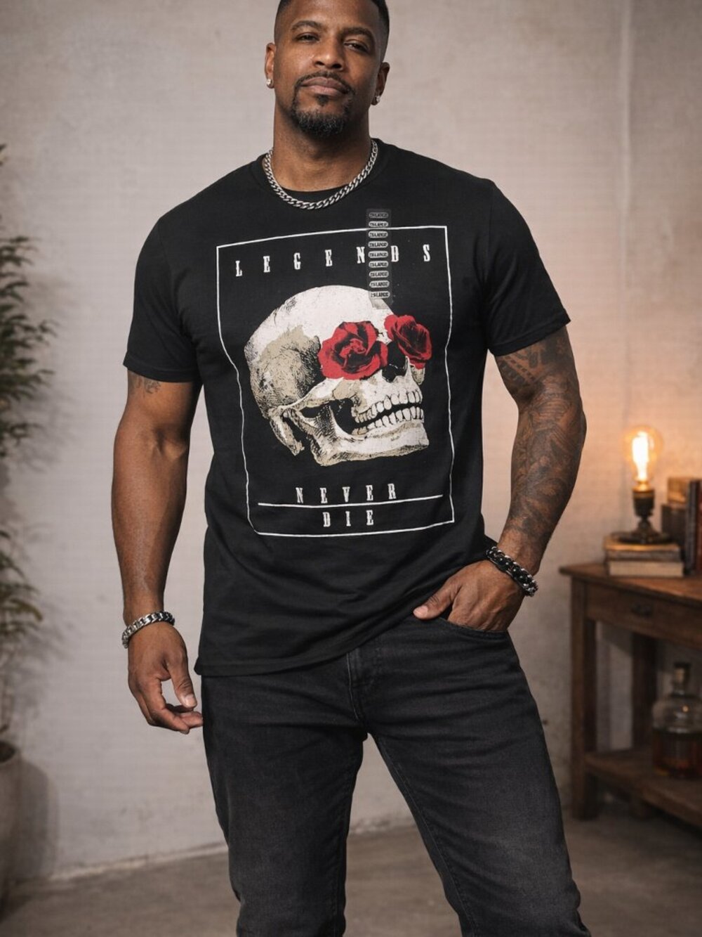 Black Legends Never Die Skull Rose Graphic T-Shirt Mens 2XL Short Sleeve Tee NEW